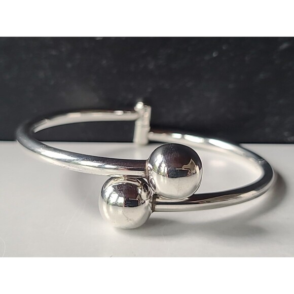 Sterling Silver 925 Double Ball Bypass Hinged Bangle Bracelet Made In Mexico AGS - Picture 4 of 10